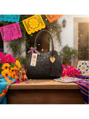 Black Embossed Tooled Artisan LEATHER Shoulder Bag Purse Bolsa Artesanal Piel
